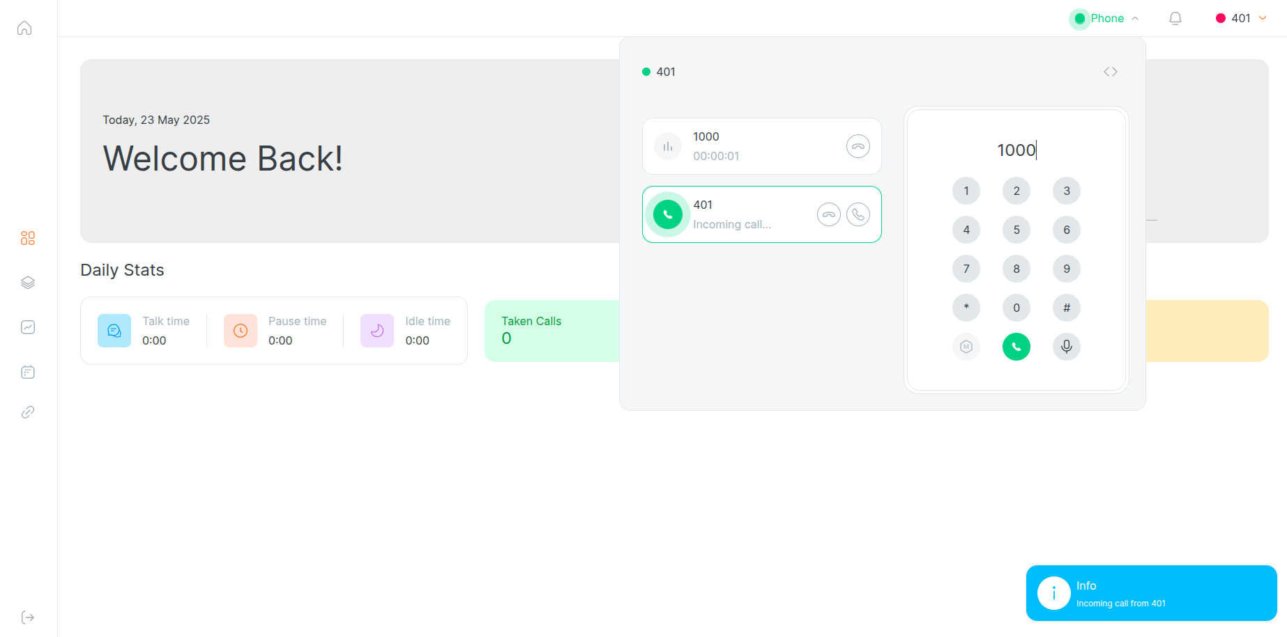 QueueMetrics WebRTC Softphone inside the Agent Page.